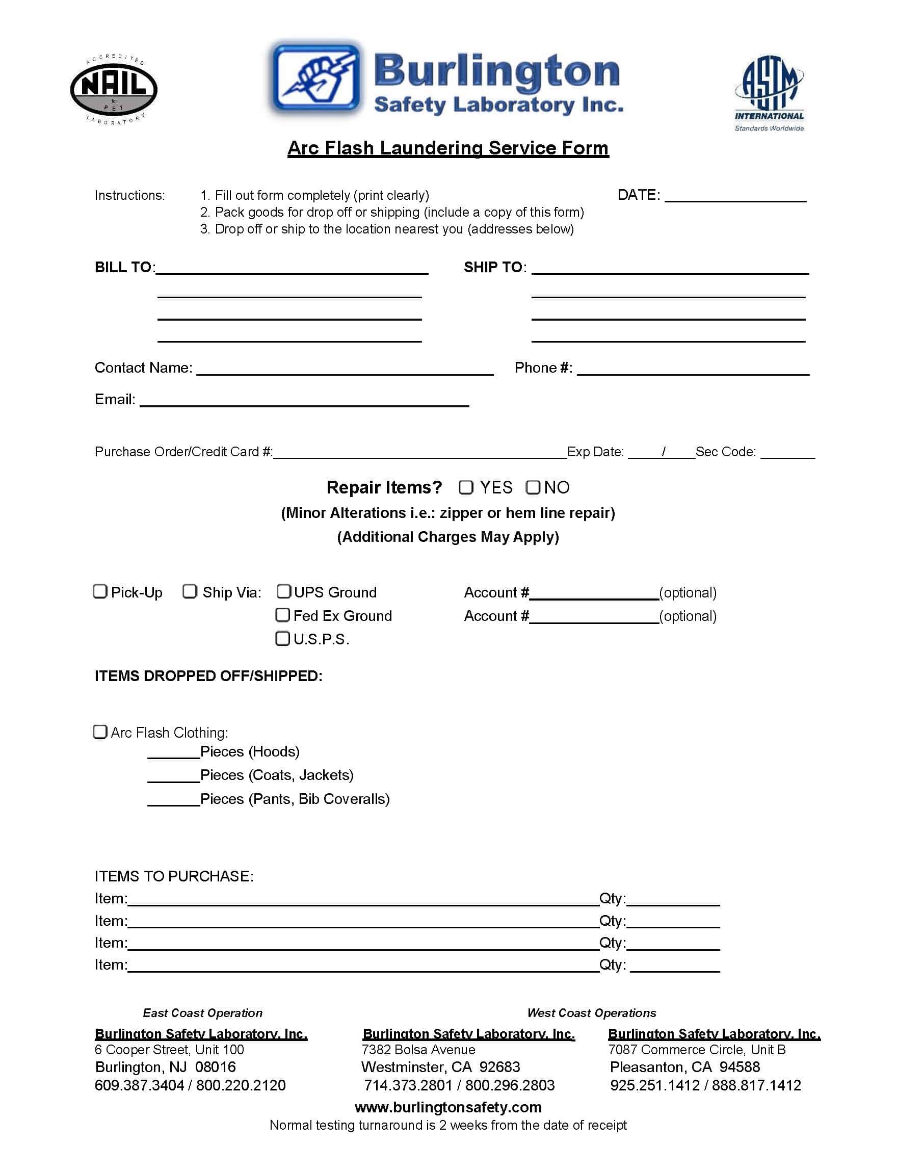 Arc Flash Laundering Service Form
